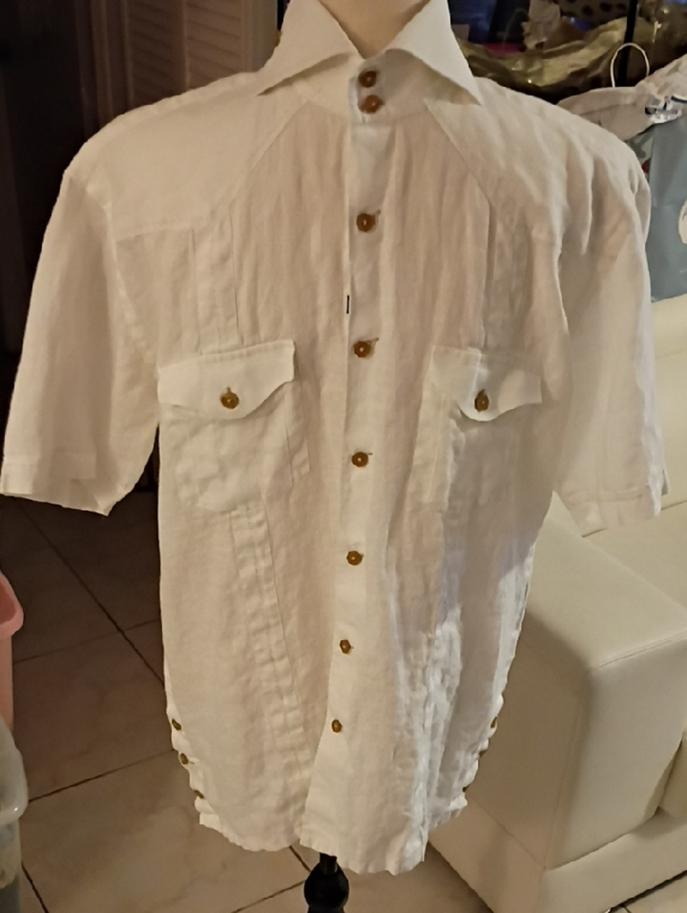 Bogosse White Men's Linen Short Sleeve Button-Up Shirt Size 3 Medium Preloved